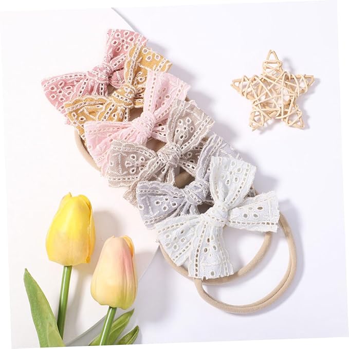 6 Pcs Headbands with Lace Bow Elastic Hairbands for Newborn Soft Nylon Hair Bows for Birthday Shower Photography Props
