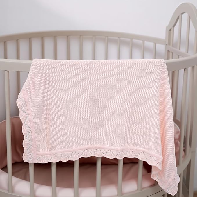 Baby Knit Blanket Soft Breathable Cotton Scallop Border Blankets Newborn Knitted Blanket Swaddle Blankets Gifts for Baby Newborn Toddler Shower Boy Girl New Mom Birthday Christmas Pink 30x40