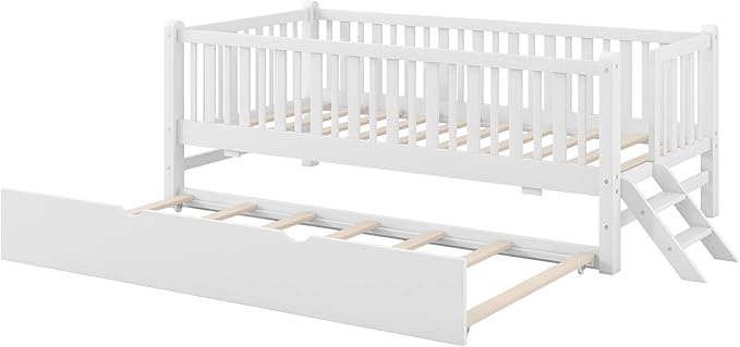 LUMISOL Twin Size Low Platform Bed Frame with Trundle, Wood Floor Bed with Ladder & Fence Guardrail for Kids Teens Girls Boys, No Box Spring Needed, White