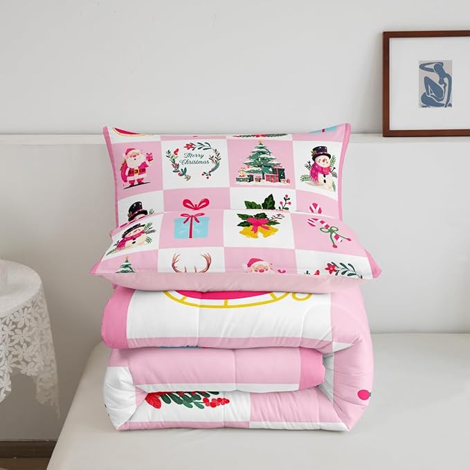 Erosebridal Merry Christmas Comforter Set for Kids Christmas Tree Quilt Toddler Size with 1 Pillow Case Santa Claus Xmas Decor Bedding Set Kawaii Snowman Bedding Comforter Sets,Pink