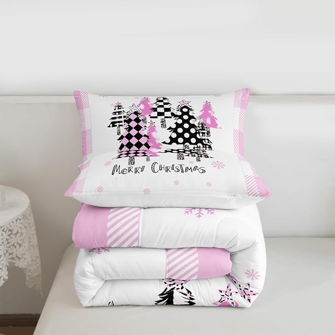 Manfei Xmas Trees Comforter Set Queen Size, Pink Plaid Grid Snowflake Down Comforter with 2 Pillowcases, Christmas Theme Bedding Set 3pcs for Kids Girls Adults Room Decor New Year Duvet Insert