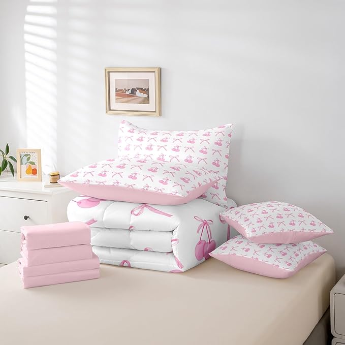 7 Pieces Cherry Bowknot Kid Comforter Set King,Pink Bow Tie Butterfly Knot Princess Bedding Set,Cartoon Bow Patchwork Dreamy Sweet（Comforter+Fitted+Flat Sheet+2 Pillowcases+2 Throw Pillow Covers）