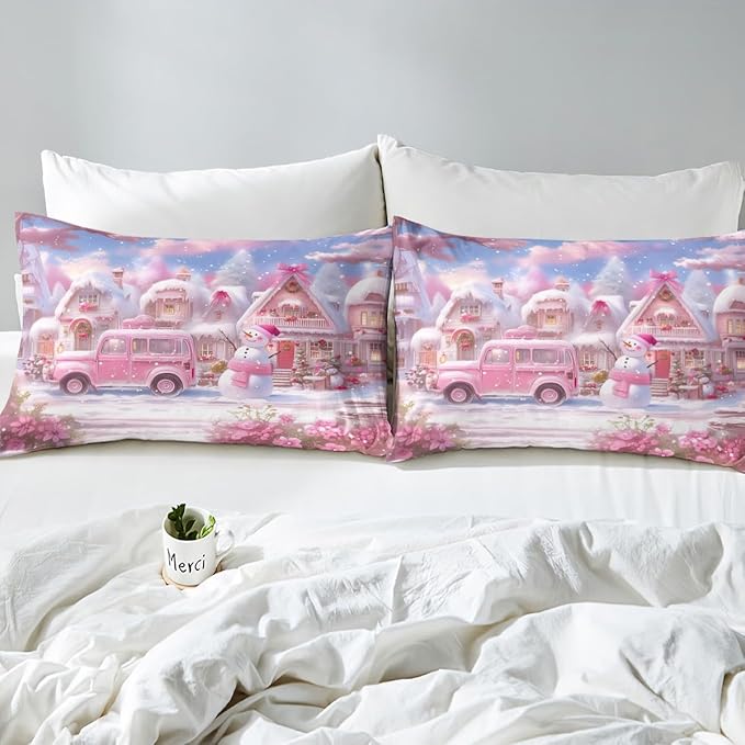 Manfei Christmas Duvet Cover Set King Size, Pink Truck Flower Snowman Bedding Set for Kids Girls Room Decor, New Year Theme Comforter Cover, Lightweight Bedspread Cover, 2 Pillowcases, No Comforter
