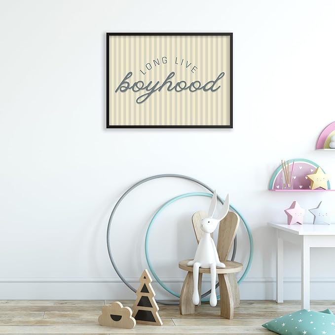 Long Live Boyhood Quote Wall Art Preppy Blue Stripe Poster 08x10 inch Black Framed Modern Fashion Minimalist Canvas Prints for Boy Nursery Bedroom Wall Decor