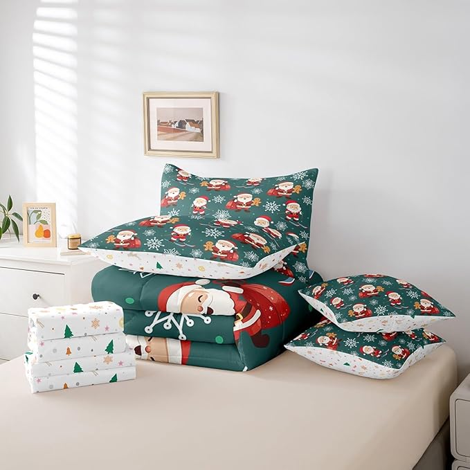 Erosebridal 7Pcs Cartoon Santa Claus Comforter Set Full Size,Xmas Gingerbread Bedding Set,Christmas Snowboard Snowflake Bed in A Bag,Cute Christmas Ornaments Quilt with Flat Fitted Sheet