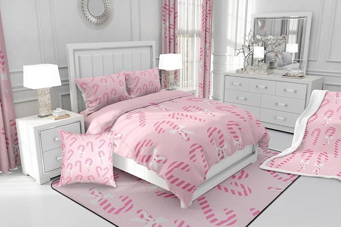 Feelyou Merry Christmas Comforter Set Toddler Size Pink Candy Cane Bedding Set for Kids Boys Girls Bow Duvet Quilt Bedroom Decor Microfiber 2 Pcs with 1 Pillow Cases