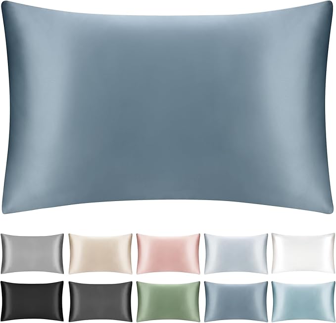 100% Mulberry Silk Pillowcase for Hair and Skin,Both Sides Natural Silk Bed Pillow Case with Hidden Zipper,19 Momme Grade 6A,1pc,Ash Blue,Standard Size 20x26 Inches