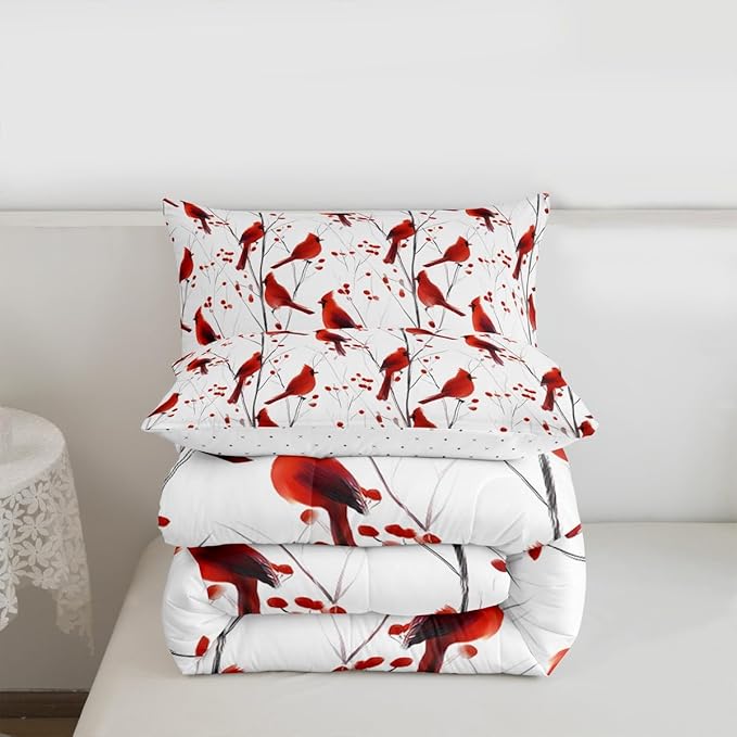 Feelyou Berries and Cardinals Pattern Comforter Set All Season Red Cardinal Bedding Set with 2 Pillow Cases Christmas Kids Queen Bedclothes Bird Print Decor Animal Decor Duvet Quilt Soft Lightweight