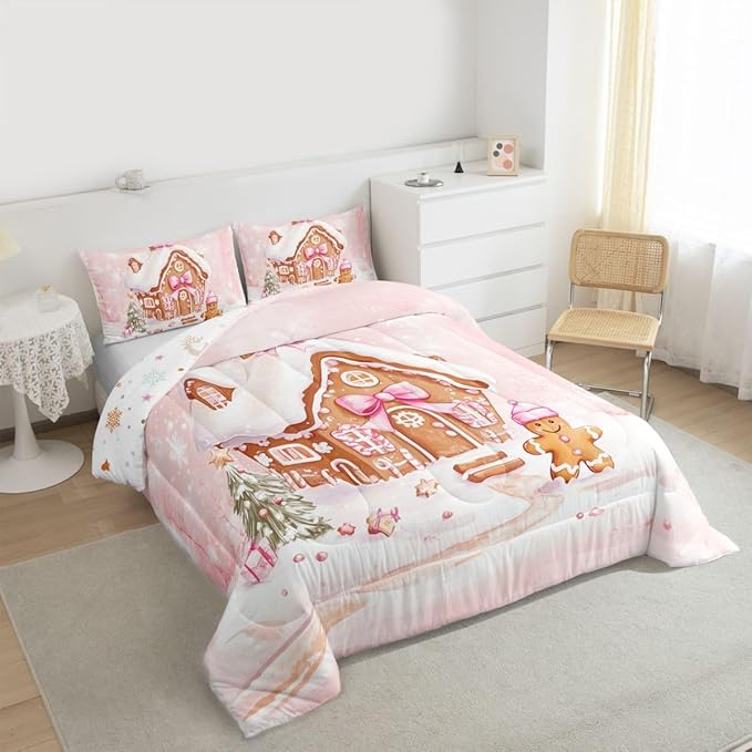 Feelyou Gingerbread House Kids Comforter Set Twin Size Gingerbread Man Bedding Set Christmas Tree Duvet Quilt for Kids Boys Girls Bedroom Pink Bow Decor Snowflake Microfiber Ultra Soft Breathable