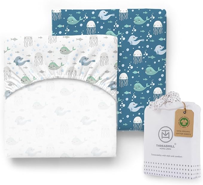 Threadmill Organic Baby Crib Sheets for Boys & Girls | 100% Organic Cotton Fitted Crib Sheet for Standard Crib Mattress | 2 Pack Unisex Cozy Toddler Sheets, Machine Washable | Seagem