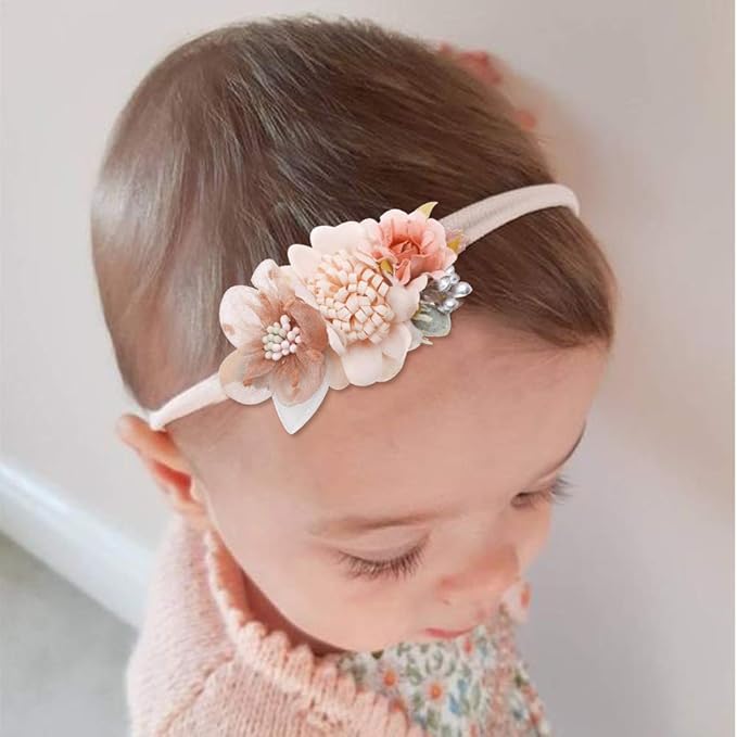 cherrboll 4pcs Baby Girl Flower Headbands, Super Soft & Stretchy Nylon Floral Hairbands for Newborn Toddler