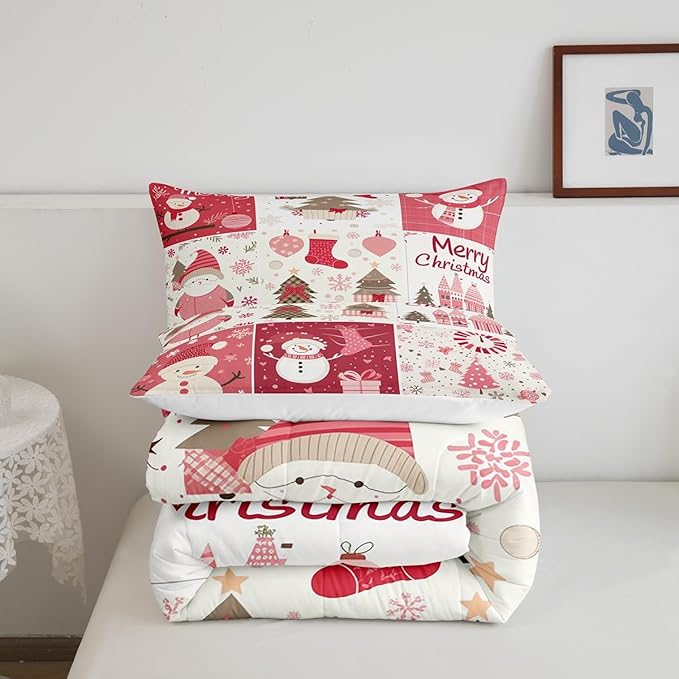 Christmas Tree Bedding Set Full Size,Merry Christmas Comforter Set for Kids Boys Girls Room Decor,Snowman Christmas Tree Snowflake Duvet Insert 3Pcs,Cartoon Plaid Patchwork Quilt Set,2 Pillowcases