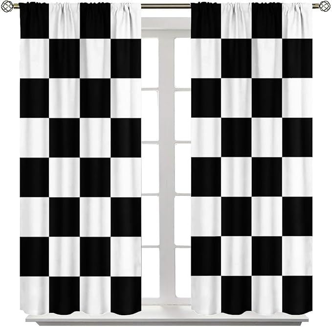 Black Checkered Curtains,70s Vintage Twisted Checkered Window Drapes Colorful Groovy Trendy Wavy Hippie Grid Print Window Treatments for Kids Boy Bedroom Living Room 52" W X 84" L