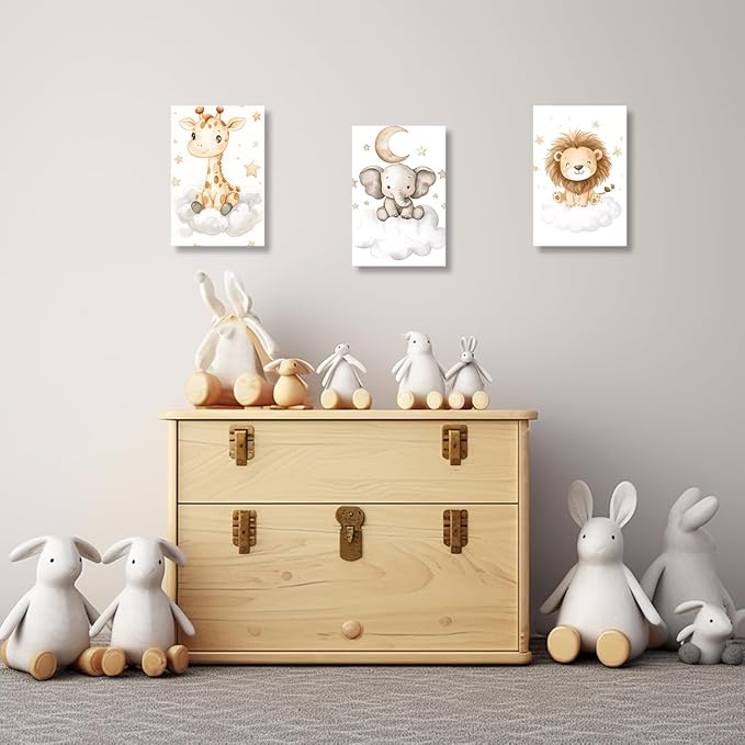 DOARTDO Nursery Animal Canvas Wall Art Baby Animal Pictures 3 Pieces Cute Elephant Lion Giraffe Print Painting Kids Room Nursery Decor Frame (12x16inchx3Pcs)