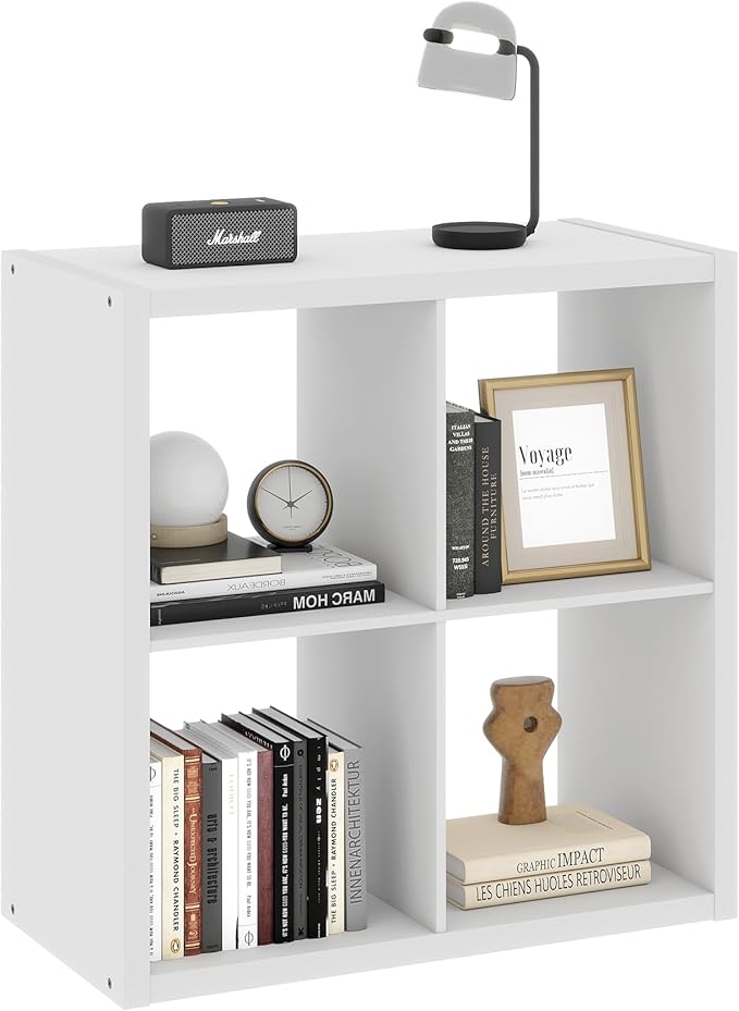 2 x 2 White Cube Storage Organizer, 14.6" x 30" x 30" Wood Cubby Shelf with Four Organized Spaces, Four Cube Organizers Bookcase for Bedroom, Living Room, Playroom, White