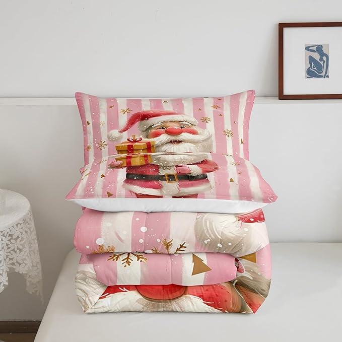 Cartoon Santa Claus Comforter Set Twin Size,Merry Christmas Snowflake Bedding Set for Kids Boys Girls Room Decor,Red Pink Stripes Quilt Set 2Pcs,Xmas Theme Microfiber Duvet Insert,1 Pillowcase