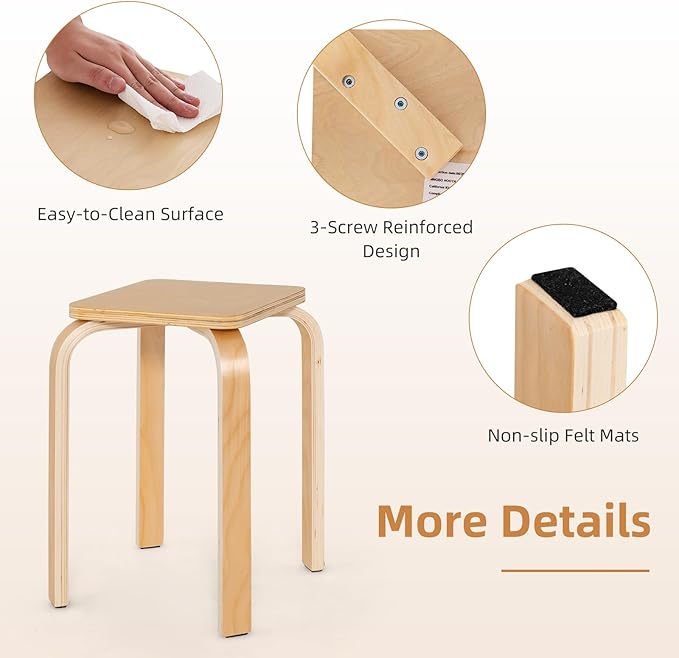 GOFLAME Stackable Wooden Stools Set of 4, Backless Chairs with Square Top, Anti-Slip Felt Mats, Portable Seating for Classroom, Office, Dinning Room, Living Room, Kitchen, Bar Counter, Natural