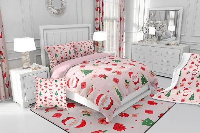 Feelyou Christmas Decor Bedding Set Soft for Boys Girls, Santa Claus Comforter Set Queen Size Xmas Duvet Quilt Microfiber Christmas Decor Bedroom Decor 3 Pcs with 2 Pillow Cases