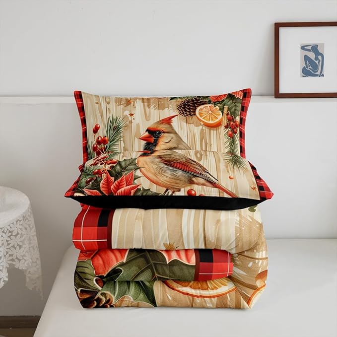 jejeloiu Kids Red Cardinal Comforter Set Toddler Christmas Red Black Plaid Flower Bedding Set for Boys Girls Teens Xmas Birds Animal Lemon Winter Wood Plank Duvet Quilt Room Decor