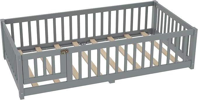 Bellemave Twin Size Floor Bed with Rails for Kids, Girls, Boys, Pine,Plywood Floor Bed with slats and Door, Grey
