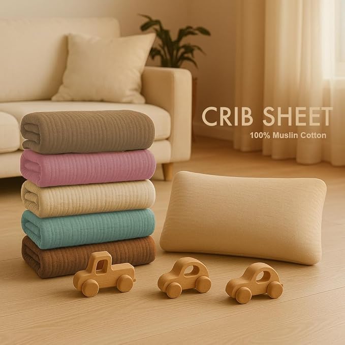 Crib Mattress Sheet Set of 2 Green & Beige, Premium Muslin Cotton, 52x28x9 Fitted Crib Sheets Snugly, Breathable & Soft for Safe Sleep, Stays Smooth After Wash