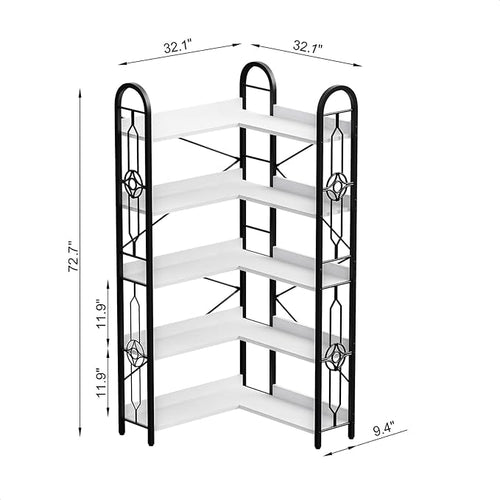 72" Corner Bookshelf, 5-Tier Tall Industrial Book Shelf, L-Shaped Bookcase with Metal Frame and Wood Laminate Shelves，Storage Display Shelving Unit for Living Room,Home Office