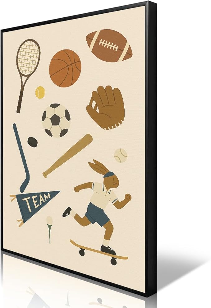 Sports Posters for Boys Bedroom, Boy Nursery Canvas Wall Art, Cute Animal Athletes & Sports Equipment Pictures, Charming Quotes Take Me Out To The Ball Game Play All Day Print 16x24in Wrapped Canvas