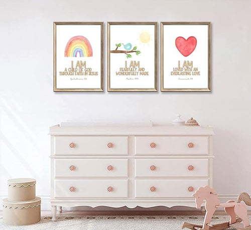 3Pcs Nursery Bible Verse Canvas Wall Art Colorful Rainbow Motivational Affirmation Wall Decor Pictures Christian Kids Scripture Introduction Posters Prints for Kids Room Nursery Home Decoration