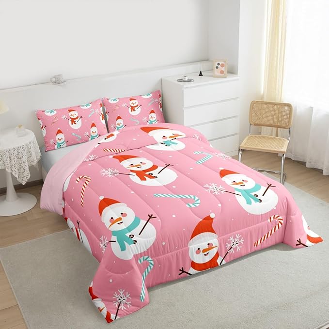 Feelyou Pink Christmas Bedding Set Soft for Boys Girls, Snowman Comforter Set Queen Size Snowflake Duvet Quilt Microfiber Candy Cane Bedroom Decor 3 Pcs with 2 Pillow Cases