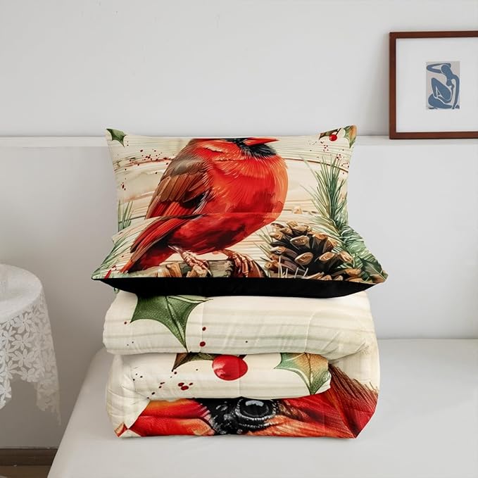jejeloiu Kids Red Cardinal Comforter Set Toddler Christmas Theme Bedding Set for Boys Girls Teens Xmas Birds Winter Rustic Wood Plank Animal Duvet Quilt Room Decor