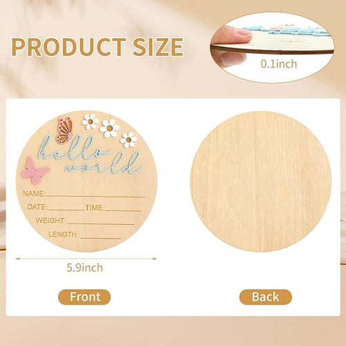 5.9 Inch Wooden Hello World Baby Announcement Sign, Newborn Welcome Board with Pink Butterfly, Baby Shower Hospital Nursery Photo Props for Boys & Girls