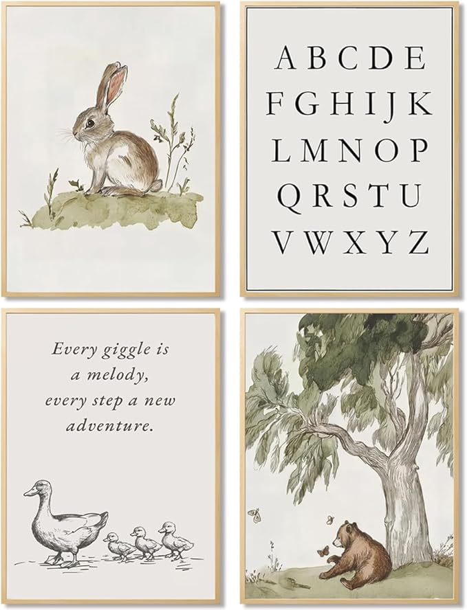 Nursery Gallery Wall Art Animal Canvas Prints Vintage Rustic Poster Set for Kids’ Room Decor Alphabet Inspirational Quotes Wall Art Neutral Baby Room Painting Unframed16x24 Inches