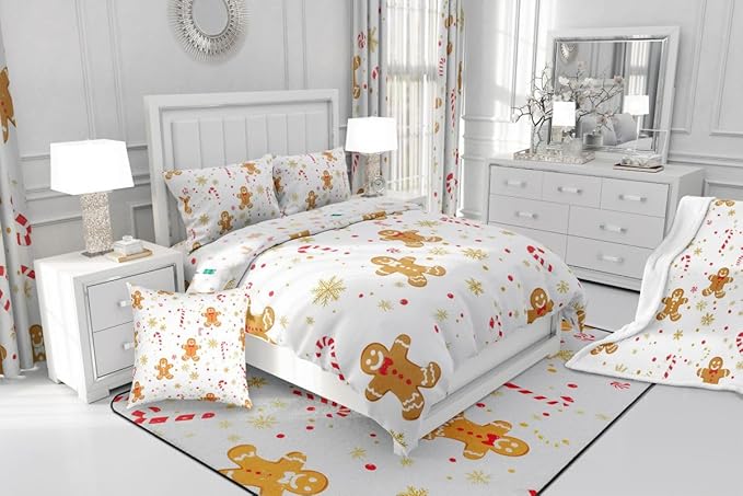 Feelyou Cute Gingerbread Man Comforter Set Queen Size Candy Cane Bedding Set for Kids Boys Girls Golden Snowflake Duvet Quilt Christmas Pattern Bedroom Decor Festive Design 3 Pcs with 2 Pillow Cases