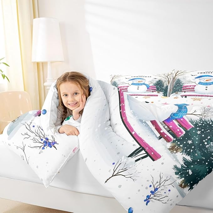 Feelyou Merry Christmas Bedding Set Soft for Boys Girls, Cute Snowman Comforter Set King Size Snowflake Duvet Quilt Microfiber Christmas Tree Bedroom Decor 3 Pcs with 2 Pillow Cases