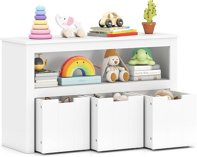 Costzon Toy Storage Organizer w/Drawers, Wooden Toy Shelf with 3 Removable Drawers, Rolling Wheels & Large Open Shelf, 2 Shelf Toy Cupborad for Kids Room, Playroom, Kindergarten, Nursery (White)