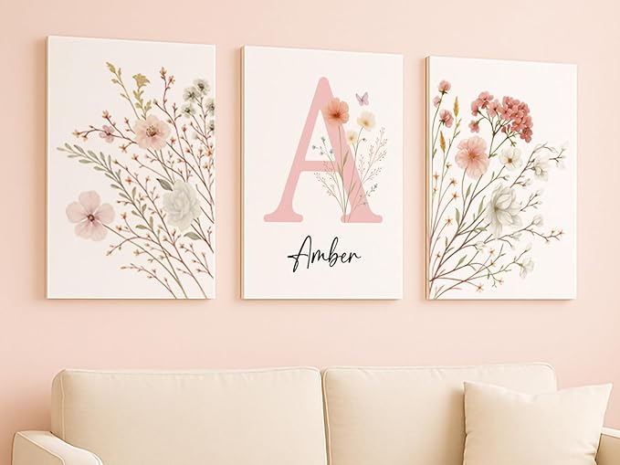 Personalized Girls Nursery Wall Art - Custom Name Pink Floral Butterfly Canvas Print 3pc Framed Wrapped Canvas for Bedroom Living Room Entryway Study Room Initial Wall Decor Baby Shower Birthday Easter Graduation New Year Valentine's Day Gift (20×30cm/...