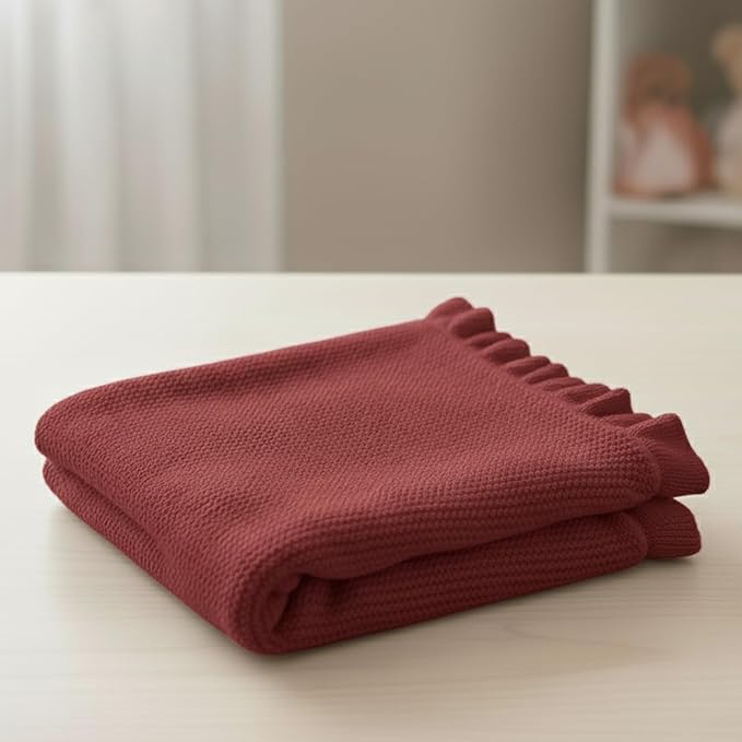 Cotton Baby Blanket with Ruffle Edge Soft Breathable Newborn Blanket for Boys & Girls, Lightweight Knit Throw for Crib, Stroller & Nursery Multiple Colors Available Red 28x36