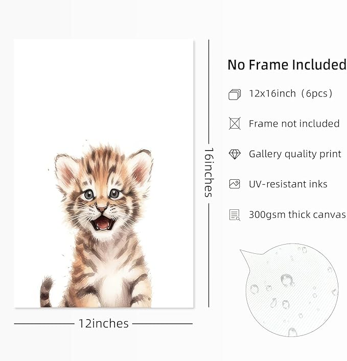 Wodkwq Nursery Wall Art Safari Animal Canvas Prints Baby Girl Boy Room Decor Poster Pictures Cute Jungle Theme Toddler Room Decoration Painting Set of 6 for Kids Bedroom Bathroom 12x16in Unframed
