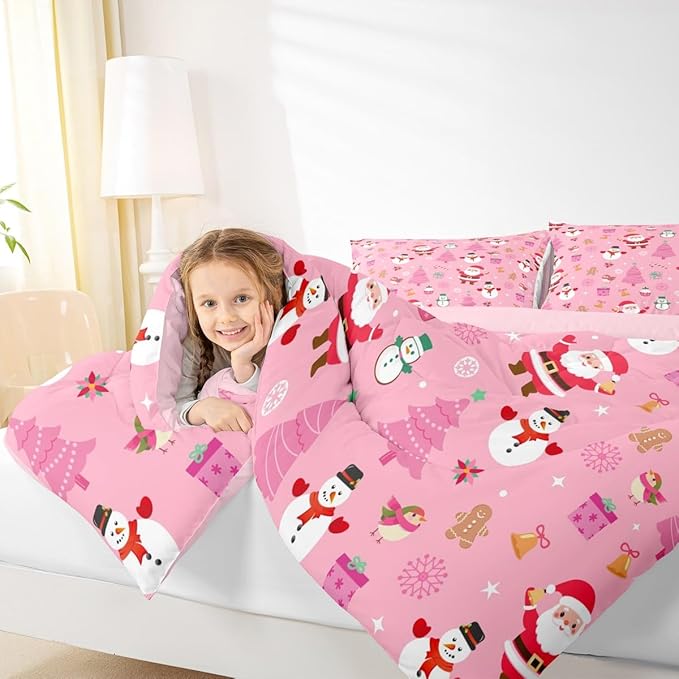 Feelyou Christmas Kids Comforter Set King Size Happy New Year Bedding Set Santa Claus Duvet Quilt for Kids Boys Girls Bedroom Merry Christmas Decor Microfiber Ultra Soft Breathable