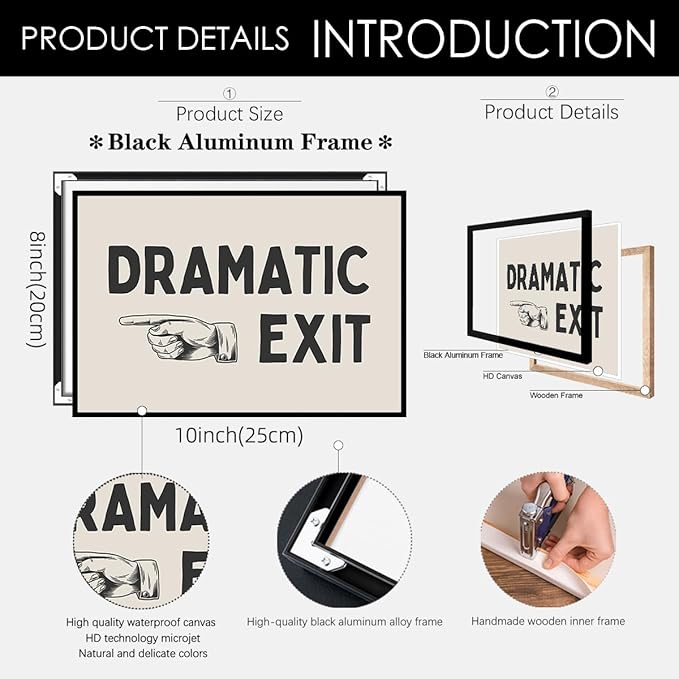Black and White Dramatic Exit Wall Art Funny Quote Poster 08x10 inch Black Framed Trendy FunMinimalist Typography Canvas Prints For Home Office and Hallway Wall Decor