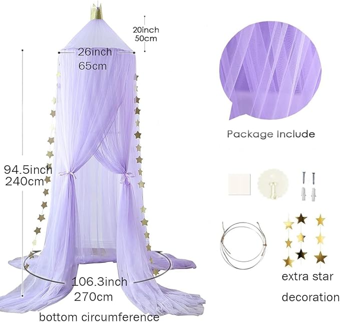 Princess Bed Canopy for Girls and Kids Hanging Mosquito Net for Baby Crib Nook Castle Game Tent Nursery Play Room Decor(Purple)