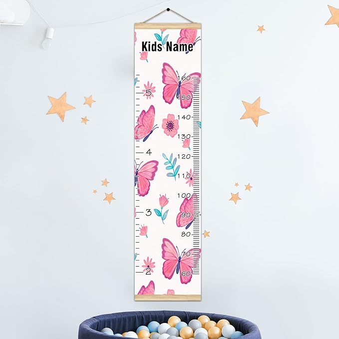 Personalized Kids Name Growth Chart Ruler for Wall Wood Frame Height Measure Chart 13.4x56 in Linen Hanging Height Growth Chart Pink Butterfly & Flower Kids Room Decor
