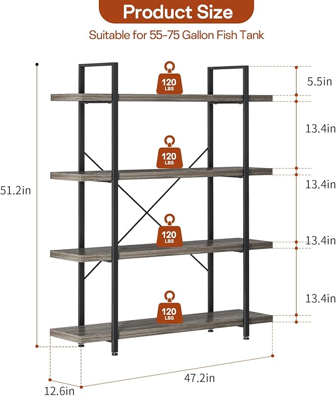 Bookcase, 47 Inch Wide Wood Bookshelf, 120lbs Shelf Capacity Estante, Rustic Open Shelving Industrial Display with Reinforced Horizontal Shelves for Living Room Bedroom Office (4 Tier - Grey)