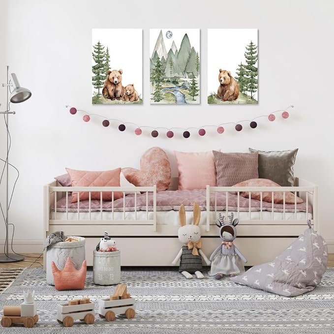 Baby Bear Nursery Wall Art, Cute Bears Wall Decor, Watercolor Green Mountain Forest Wall Art, Woodland Camping Nursery Decor Print, Nature Art for Boy Girl Toddler Bedroom, Framed Canvas, 12"x16"x3