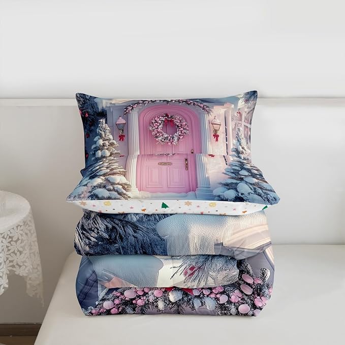 Feelyou Merry Christmas Kids Comforter Set Twin Size Winter Snowscape Bedding Set Pink Door Duvet Quilt for Kids Boys Girls Bedroom Garland Xmas Tree Decor Microfiber Ultra Soft Breathable
