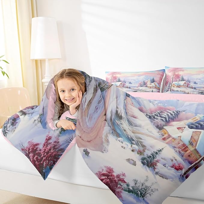 Feelyou Merry Christmas Kids Comforter Set Full Size Village Barn Bedding Set Winter Snowscape Duvet Quilt for Kids Boys Girls Bedroom Pine Tree Decor Microfiber Ultra Soft Breathable