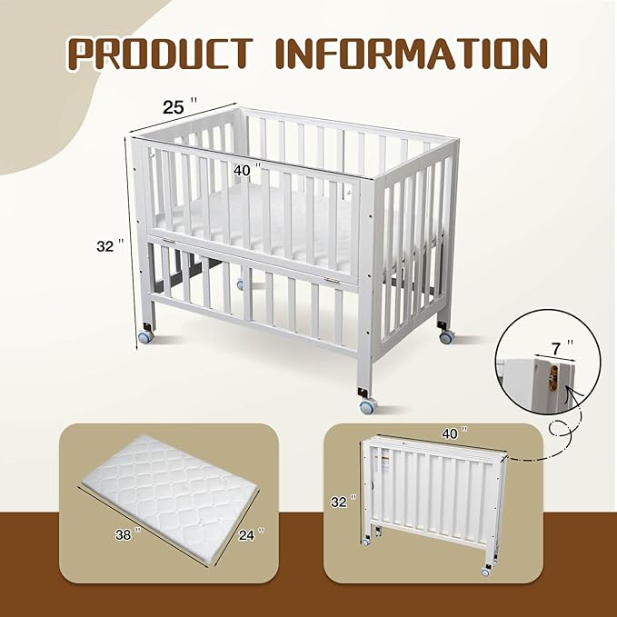 Portable Mini Baby Crib - Pine Wood Foldable 4-in-1 Baby Crib with Mattress,Portable Bedside Bassinet Sleeper,3 Adjustable-Height Baby Cribs for 0-18 Months,White