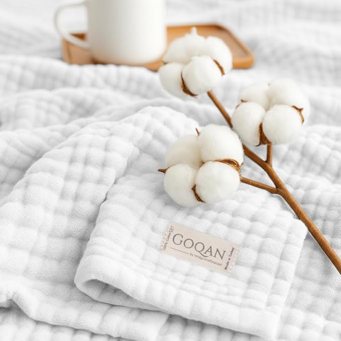 Goqan Muslin Blanket Twin 55x79 – 100% Cotton 4 Layer Boho Muslin Blanket for Adults, Lightweight, Soft, Breathable, for Bed, Couch - White