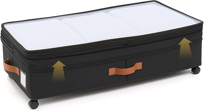AVOKIHI Under Bed Storage Containers with Wheels, 60L Large Underbed Organizer Box for Clothes, Blankets & Shoes, 9.5 Inch Adjustable Height Under the Bed Storage Bin with Clear Top