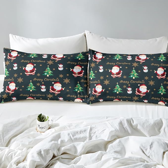 Christmas Duvet Cover Set Queen Size, Santa Claus Xmas Trees Snowman Sonwflake Comforter Cover with 2 Pillowcases, New Year Theme Bedding Set for Kids Boy Girl Lightweight Bedspread Cover,No Comforter